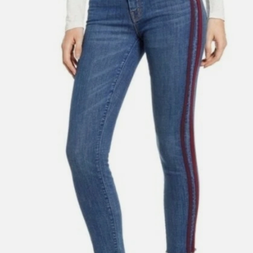 MOTHER Blue Skinny Jeans with Red Side Stripe